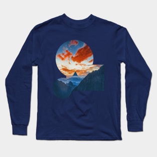 Red Clouds With Mountain in Geometric Shape Long Sleeve T-Shirt